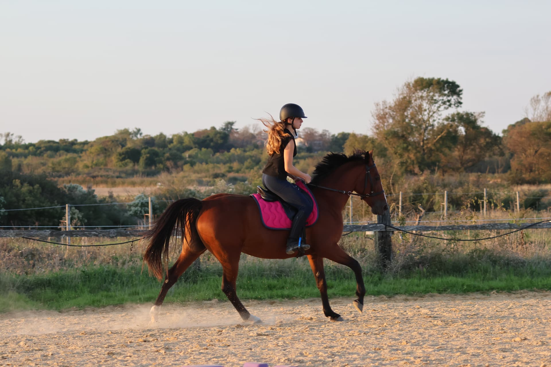 Cavalière au trot en extérieur, lumière chaude de fin de journée